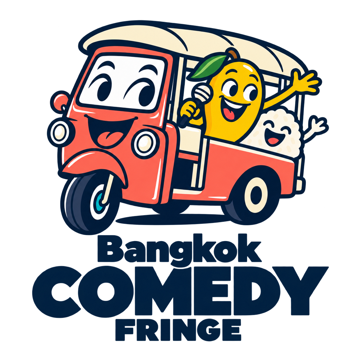 Bangkok Comedy Fringe: a smiling coral tuk-tuk with a mango comedian and sticky-rice passenger